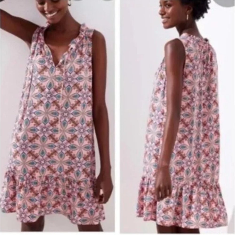 LOFT Shift Dress Pink XS Ruffled Trim Sleeveless Rayon Lightweight‎